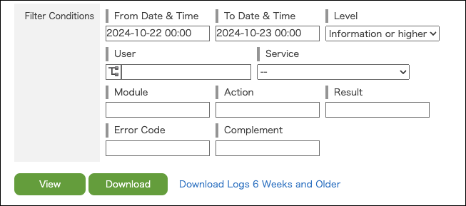 Screenshot: Configuring filter conditions for logs to display