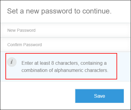 Screenshot: Screen to change password: the requirements for allowed password are highlighted