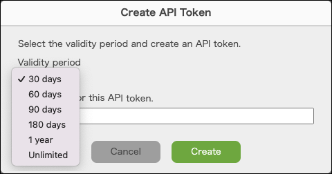 Captura de pantalla: Selección del período de validez en el cuadro de diálogo "Crear token de API"