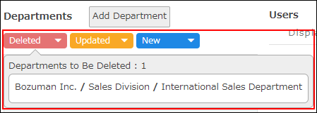 Captura de pantalla: Pantalla para configurar departamentos y usuarios. Se resalta la información de los departamentos programados para su eliminación.