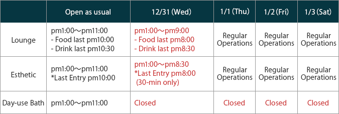 館内施設 年末年始の営業時間変更