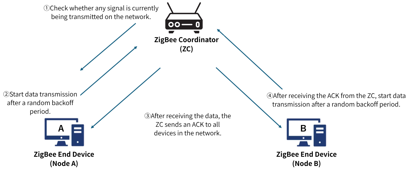 ① Check whether there are any signals being transmitted on the network. ② Start data transmission after a random waiting time. ③ After receiving the data, ZC sends an ACK to all devices in the network. ④ After confirming the ACK from ZC, start data transmission after a random waiting time.