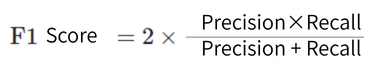 F1 score = 2 x ((precision x recall) / (precision + recall))