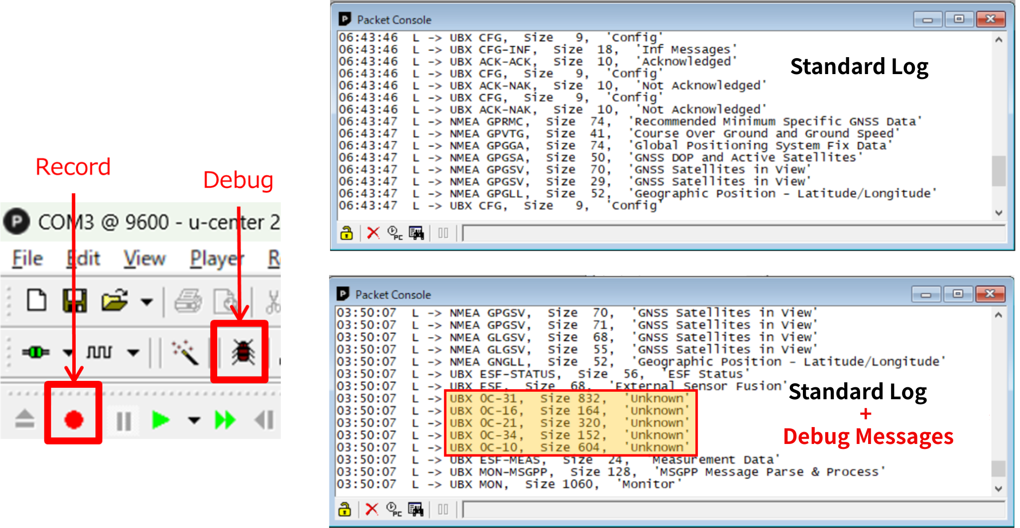 Record and Debug buttons used for debugging and post-test analysis, and image of the log confirmation screen