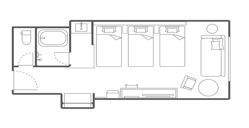 豪华房，配备 3 张单人床布局示例