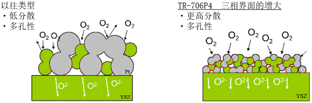 【气体传感器反应电极浆料结构图】TR-706P4 与传统型对比。TR-706P4 具有高度分散性和多孔性