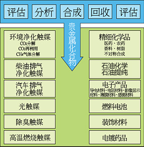 【贵金属化合物应用领域示意图】环境净化催化剂、柴油机尾气净化催化剂、汽车废气处理催化剂、催化剂、除臭催化剂、高温燃烧催化剂、精细化工、石油化工及提纯、电子产品、燃料电池、装饰材料、电镀产品