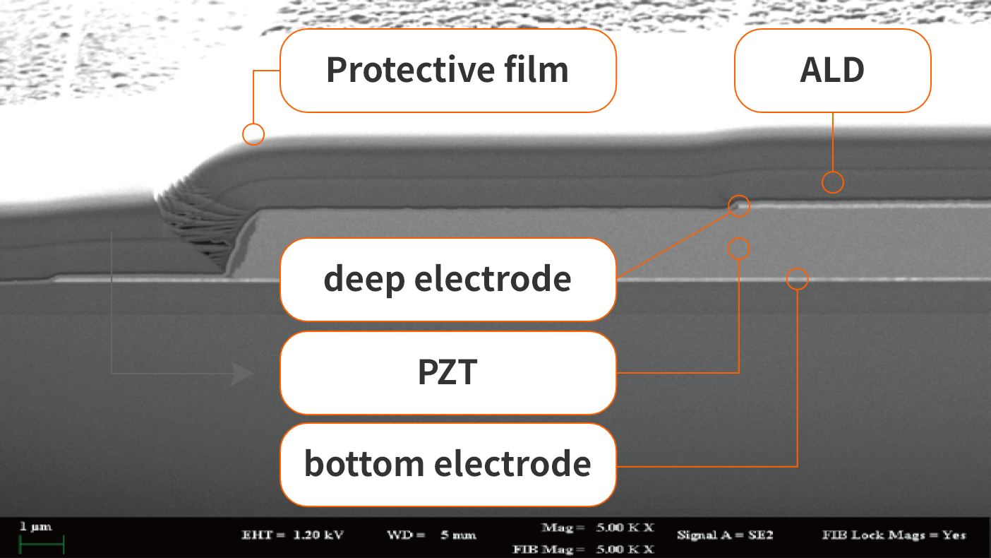 While maintaining the characteristics of the PZT film, we have adopted an ALD film to ensure long-term reliability, which is an issue for MEMS actuators.