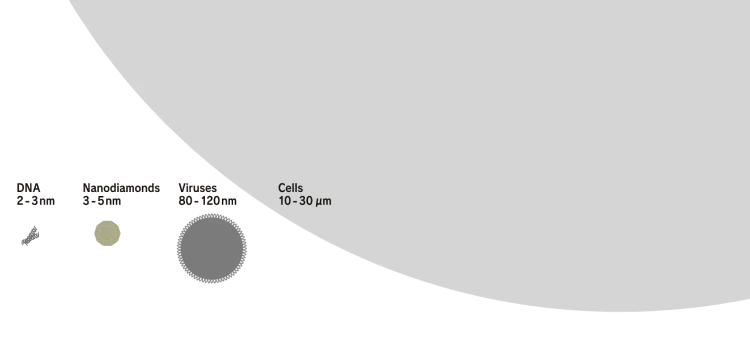 Comparison of nanodiamond sizes: DNA: 2-3 nm, nanodiamond: 3-5 nm, virus: 80-120 nm, cell: 10-30 μm