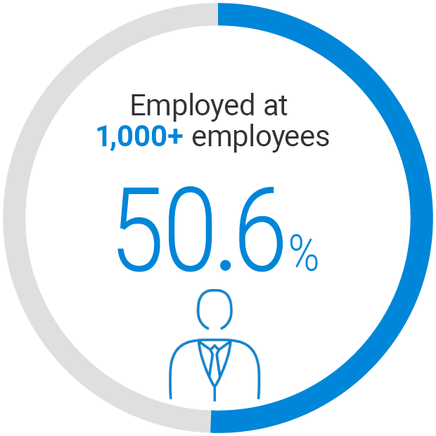53.2% work for companies with 1,000 or more employees.